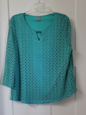 JM Collection Teal/blue-green, Crocheted, 3/4 Sheer Sleeve, Lined Top. Size XL